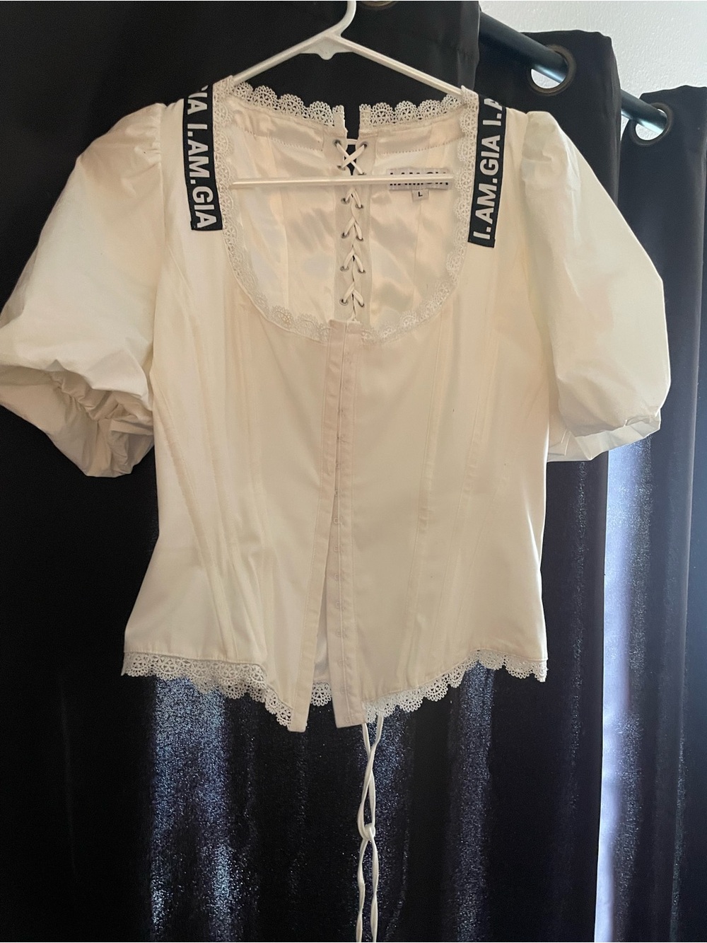 I.AM.GIA Cream Lace-Trim Puff Sleeve Corset Top with Branded Straps
